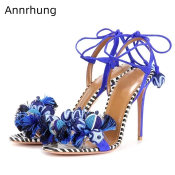 

Fringe Ball Cross-Tied High Heels One Strap Summer Shoes Mixed Color Open Toe Heels Fashion Tassel Sandalias Zapatillas Mujer