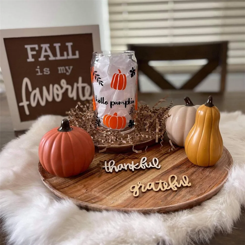 Pumpkin Coffee Glass Fall Beer Can Glass With Lid and Straw 