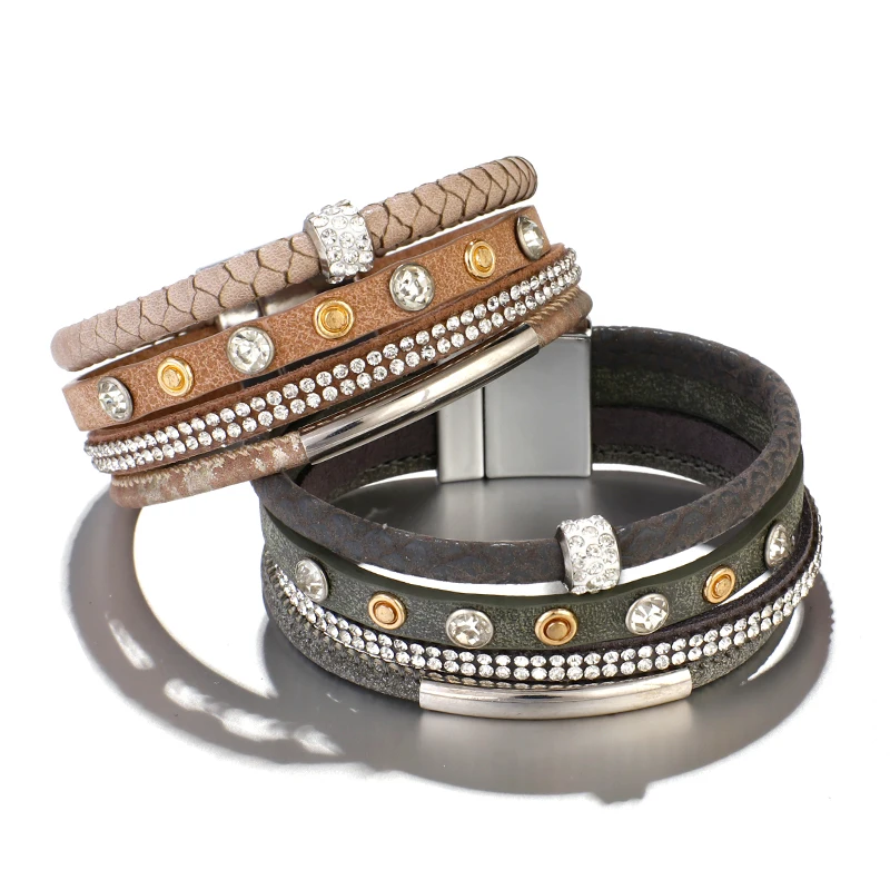 Amorcome металлические трубы кожаные браслеты для женщин модные браслеты со стразами и браслеты широкий браслет многослойный ювелирный женский браслет
