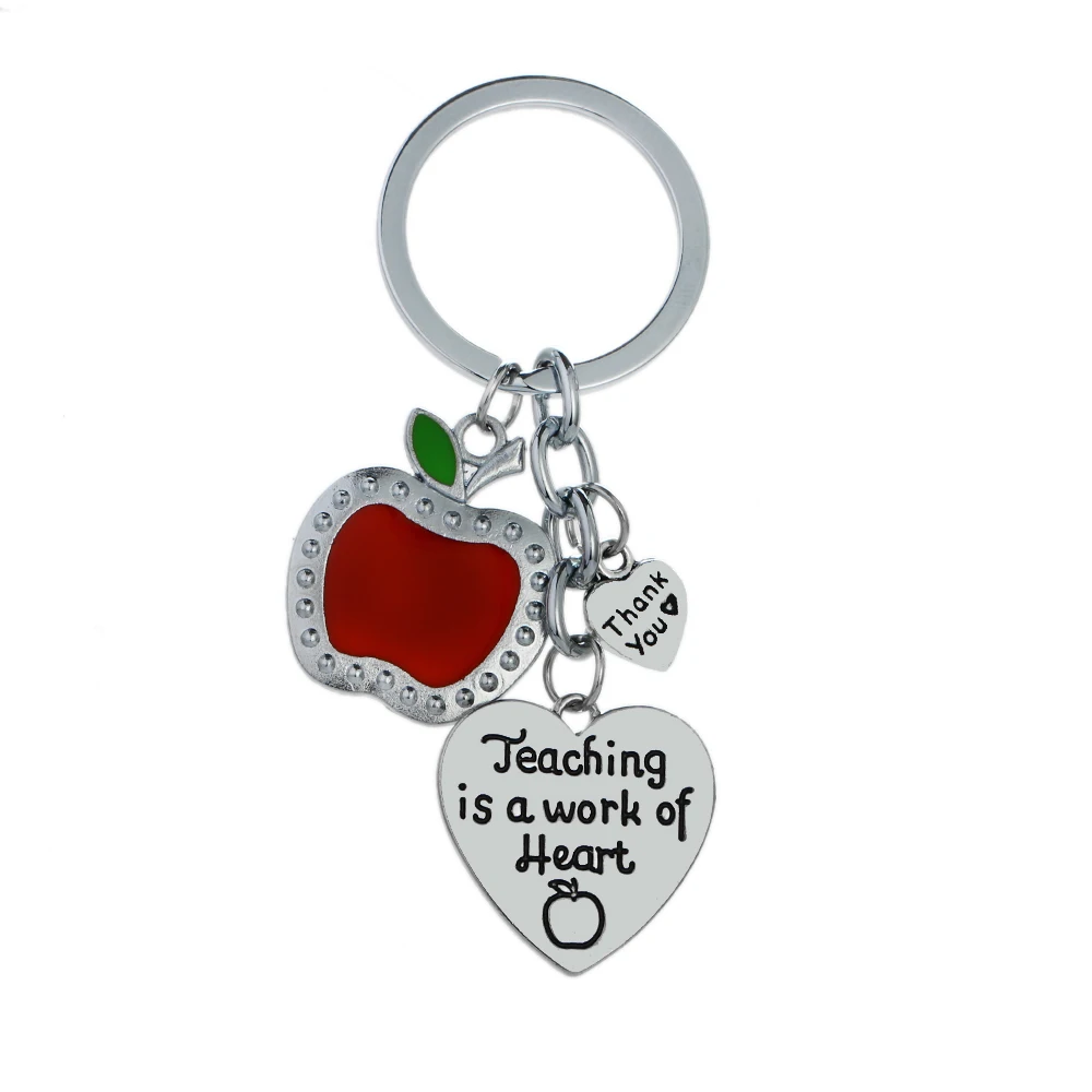 

12PC Teaching Is A Work Of Heart Keyrings Red Apple Thank You Heart Charm Pendant Keychains Teacher's Day Gifts Graduation Gifts