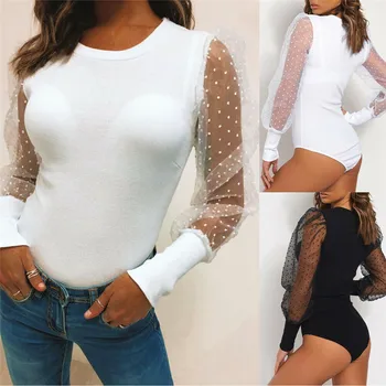 

Women Puff Sleeve Dot Print Mesh Sleeve Jumpsuit Bodysuit Ladies See Through Patchwork Bodysuit OL Stretch Leotard Jumpsuit 2020