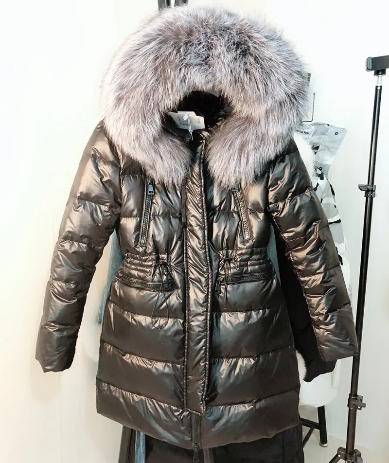 30 градусов Женский пуховик с утиным пером, пушистый натуральный Лисий мех, длинное женское зимнее пальто, толстые теплые пуховые парки, пальто S-2XL 534