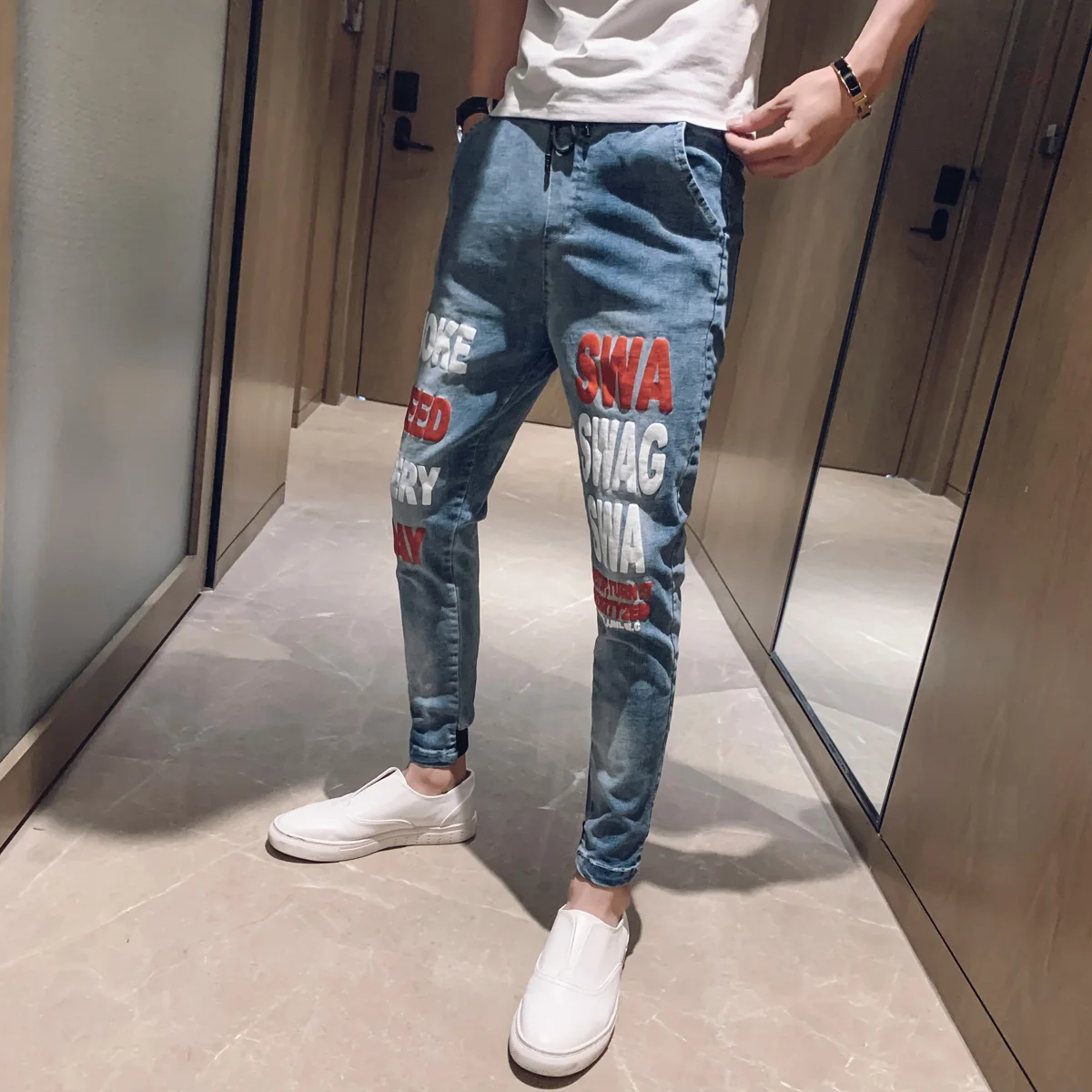 New Arrival Hot Sale Brand autumn men's casual high quality printed trouser male slim korea style fit nine-tenth pants jean