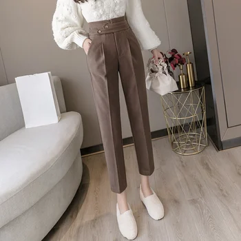 

Autumn Winter Solid Woolen Women's Formal Harem Pants Button 2020 New High Waist Office Lady Ankle-Length Chic Pants Pocket
