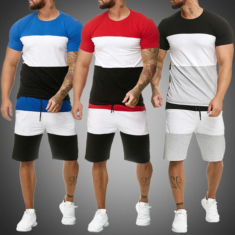 Buen valor Conjuntos de 2 piezas para hombre, conjunto de joggers, sudaderas estampadas a rayas, conjunto de pantalones cortos informales, ropa de moda de verano, chándal corto GmJKnNW5r