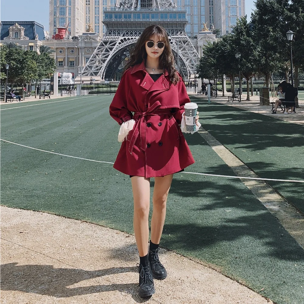 

Photo Shoot CHIC-Style Gauze Cuff Joint Mid-length Waist Hugging Coat 2020 Spring New Style WOMEN'S Dress Retro Trench Coat