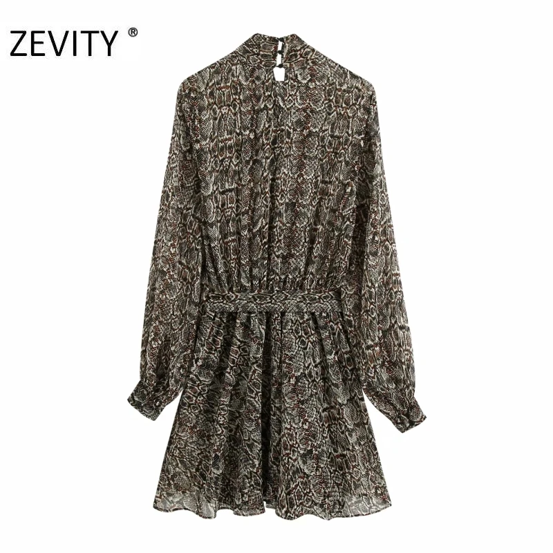 ZEVITY women vintage snake skin print sashes chiffon mini dress chic ladies long sleeve bow collar vestido casual dresses DS4446