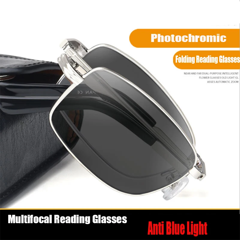 Outdoor Photochromic Reading Glasses Men Progressive Multi Focal Full Frame Metal Foldable Presbyopic with Case Black | Аксессуары для