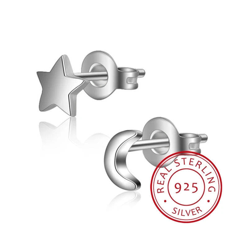 

100% 925 Sterling Silver 2019 Women Jewelry Fashion Cute Tiny Asymmetric Moon Star Stud Earrings For Daughter Girls DS127