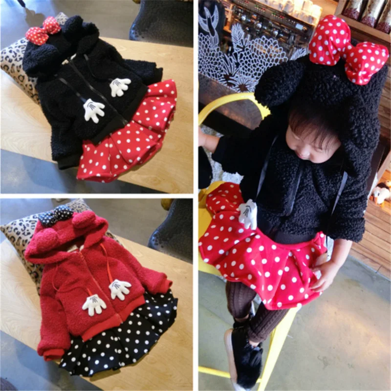 

Toddler Girl Winter Clothes Cartoon Minnie Style Fleece Thickened Hooded Coat&skirt Cute Kids Clothes Bow Dots Girls Clothing