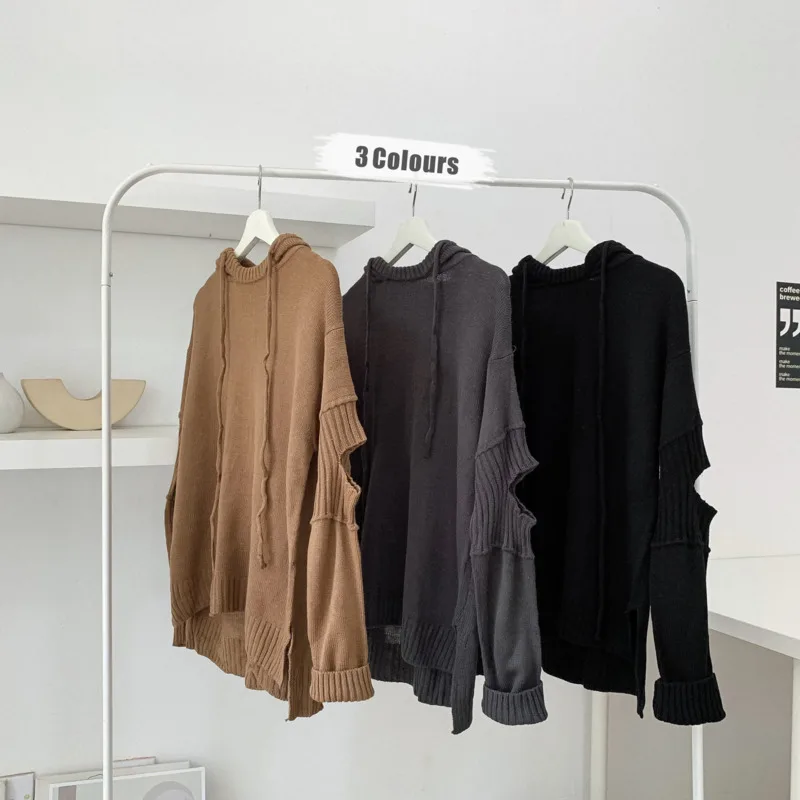 Autumn New Sweater Men Fashion Hole Hooded Sweaters Men Solid Color Casual Knit Sweter Loose Long-sleeved Pullover Man Clothes