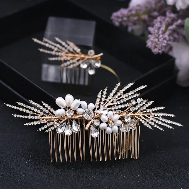 TOPQUEEN HP180 Luxury Bridal Hair Comb Gold Wedding Hair Clip Pearl Wedding Hair Accessories Hair Vine With Comb for Brides HP01 2PCS