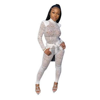 

OMILKA Lace 2 Piece Set Women See Through Long Sleeve Tops and Long Pants Set 2020 Spring Lady Sexy Club Two Piece Outfits