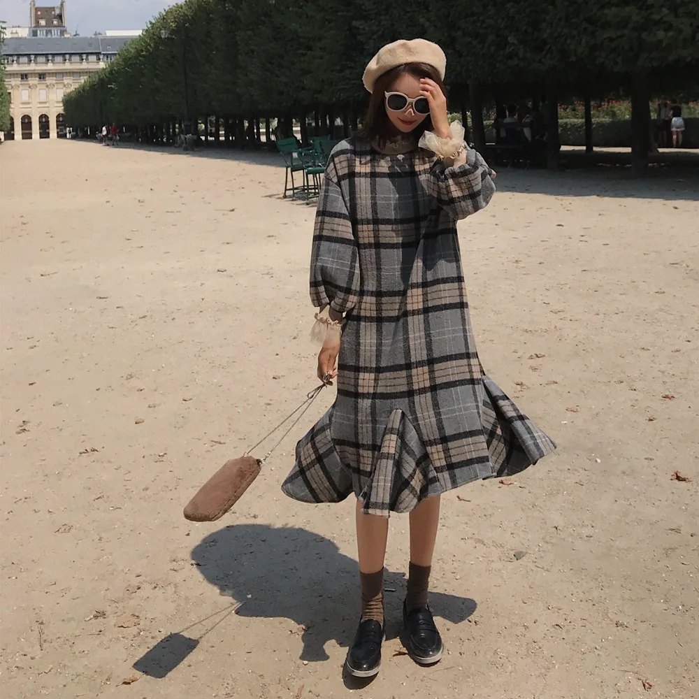 

Photo Shoot 2019 Spring New Style Korean-style WOMEN'S Wear Retro CHIC Woolen Pattern Joint Fishtail Hoodie Skirt Dress