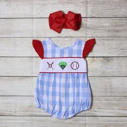 Vêtements d'été pour filles, barboteuse bleue à carreaux, sans manches, motif brodé de battes de Baseball, pour bébés 