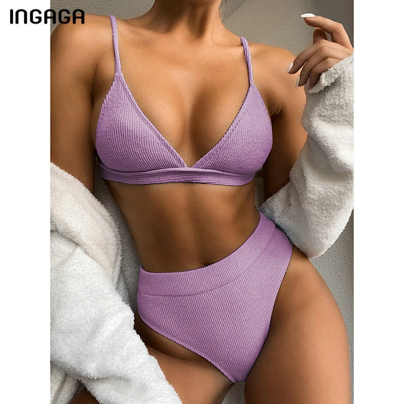 INGAGA Push Up Bikinis Women's Swimsuits High Waist Swimwear Women 2021 Ribbed Biquini Bathing Suits Sexy Brazilian Bikini Set blue bikini set