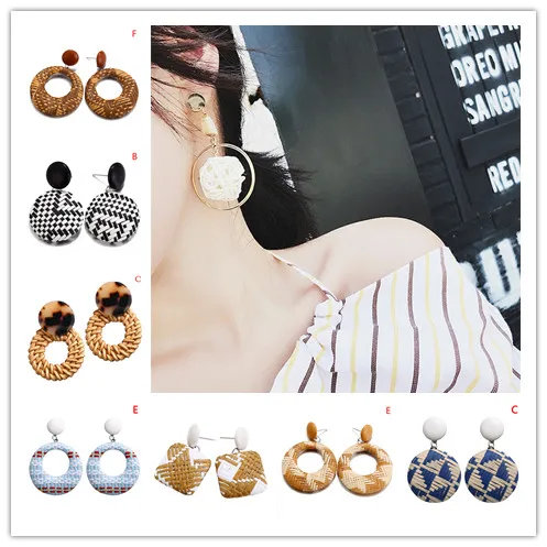 Acrylic Dangle Earrings Print Vintage Round Rattan Big Drop Earrings Handmade Straw Weave Rattan Knit Jewelry Women Girl