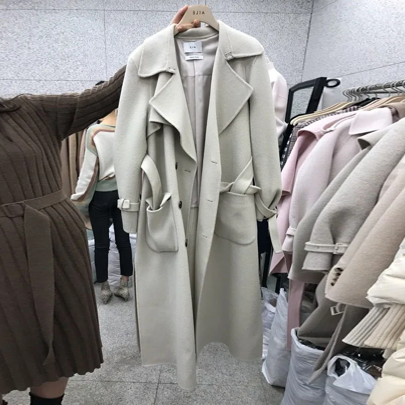 Korea Autumn and Winter New Style Vintage Lapel Double Row Button Woolen Coat Women's Woolen Coat Plus Size Coat Oversized