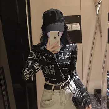 Женская футболка с круглым вырезом и рукавом-колокольчиком; Тонкий топ в стиле хип-хоп с буквенным принтом; Повседневная модная футболка; Се...