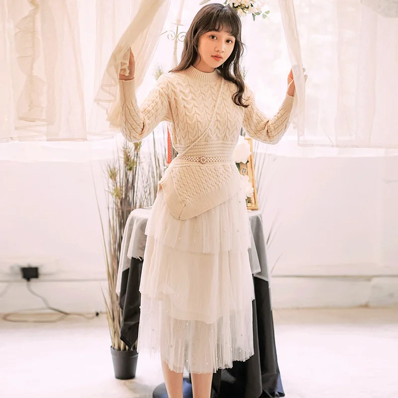 

2019 Autumn And Winter New Style Slimming Very Fairy Fashion Retro Dress Outfit Sweater Women's Gauze Skirt Two-Piece Set Elegan