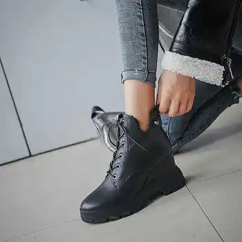 

Luxury brand wedges thick bottom boots genuine leather round toe high heels lace up winter solid women ankle boots zapatos mujer