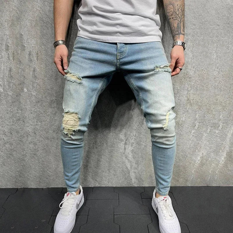 

2021 New Design Spring Summer Autumn Pantalon Homme Plus Size 40 Light Blue Ripped Jeans Men