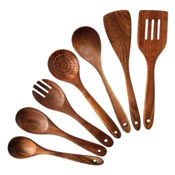 

7 PCS Teak Wooden Kitchen Cooking Utensils, Non-Stick Spoons and Spatula Cookware for Home and Kitchen