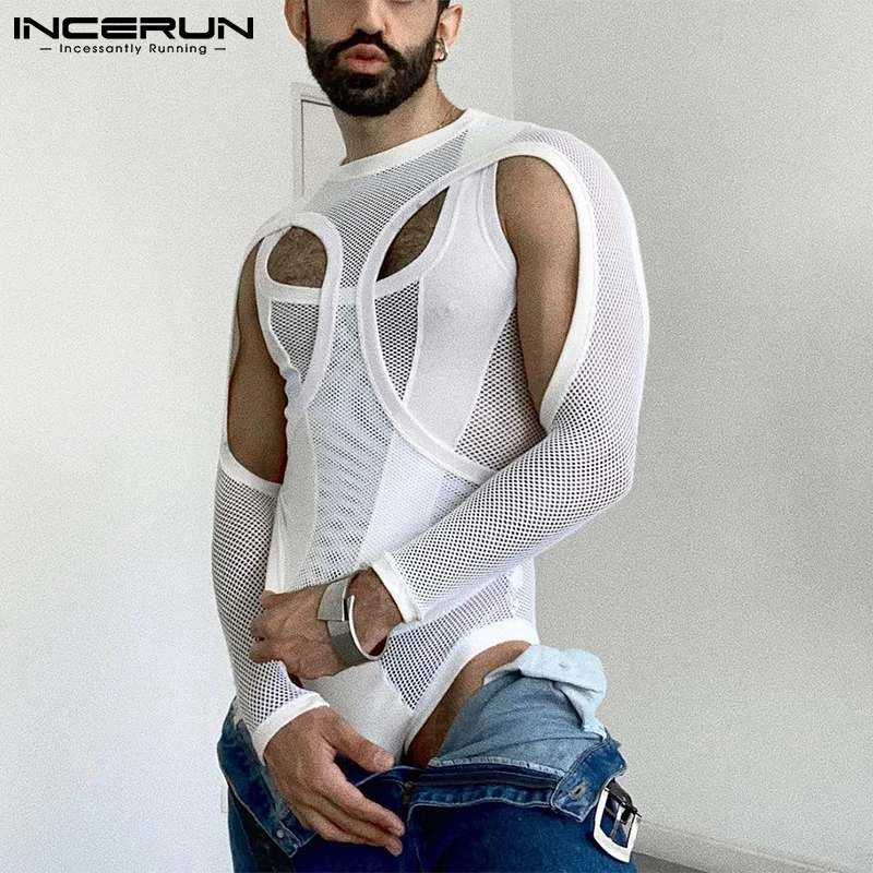 INCERUN Men's Hollow Out Jumpsuits Fashion Casual Male Party Shows Long Sleeved Breathable Mesh Skinny Stretch Romper S-5XL 2022 mens cotton sleep shorts