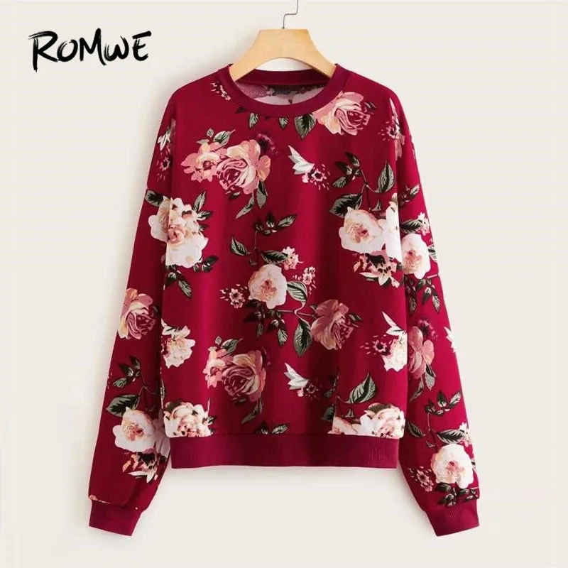  ROMWE Drop Shoulder Floral Print Women Sweatshirt Casual Round Neck Pullover Hoodie Fall 2019 Cloth