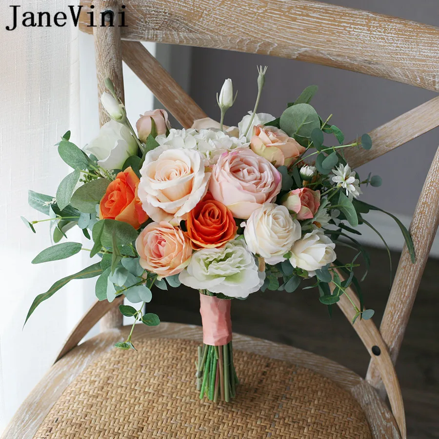 JaneVini Autumn Orange Champagne Brides Wedding Bouquet 2021 Artificial Rose Eucalyptus Bridal Hand Holding Silk Flowers Bouqet