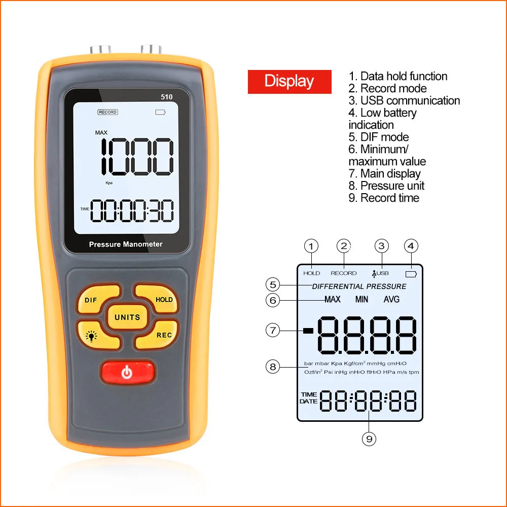 RZ Pressure Gauge Manometer Handheld Pressure Differential Tester Range 10KPa USB Portable Digital Manometer Pressure Meter