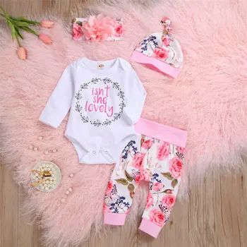 

Emmababy 4PCS Newborn Infant Baby Girl Long Sleeve Letter Printed Romper +Pants+Hat+Headband Outfits Autumn