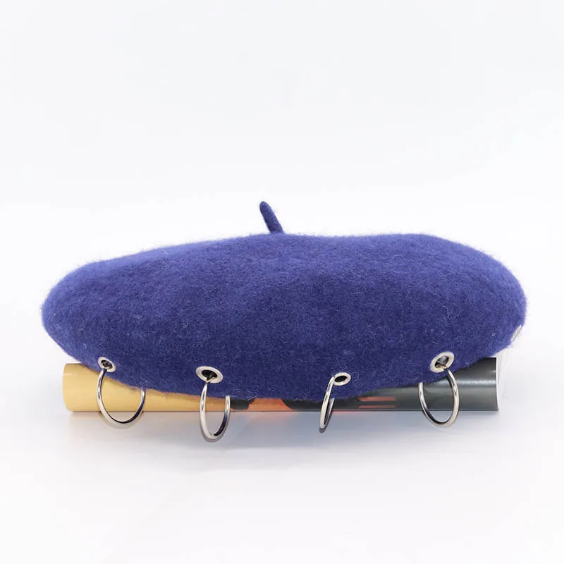 navy blue Новые популярные Женские Английские винтажные шерстяные береты с заклепками, большое кольцо, декоративная шляпа художника, зимняя вязаная женская шапка, корейские шапки унисекс - Цвет: navy blue
