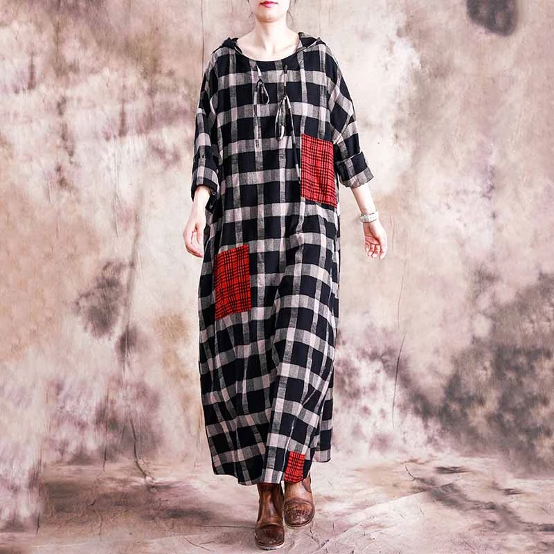 

[YaLee] New Fashion 2019 Summer Autumn Contrast Color Plaid Hooded Three Quarter Sleeve Patchwork Pocket Loose Dress Women N187