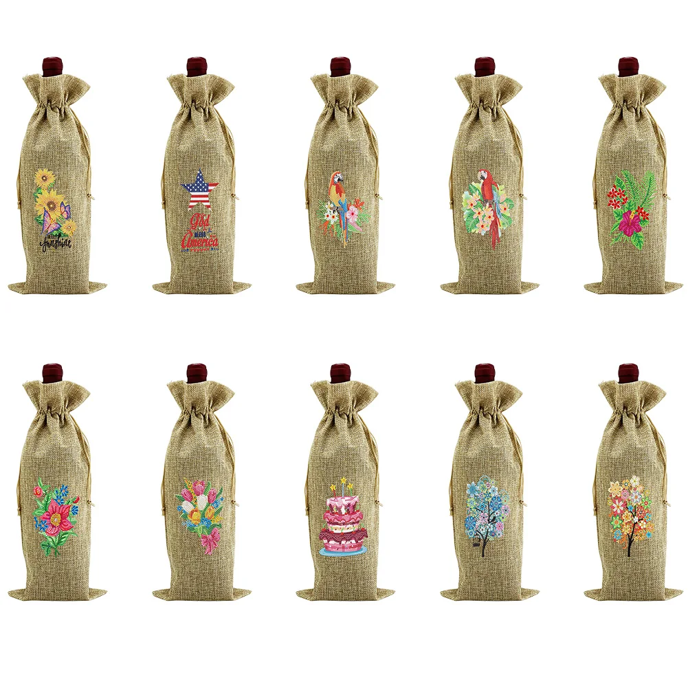 Diamond Painting Red Wine Bottle Cover DIY Flowers Special-shaped Drill Kit Rhinestone Mosaic Art Drawstring Bags Table Decor | Дом и сад