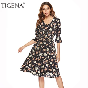 

TIGENA Midi Summer Dress Women 2020 Elegant Office Flare Sleeve Floral Print Tunic Chiffon Dress Female Summer Sundress Women