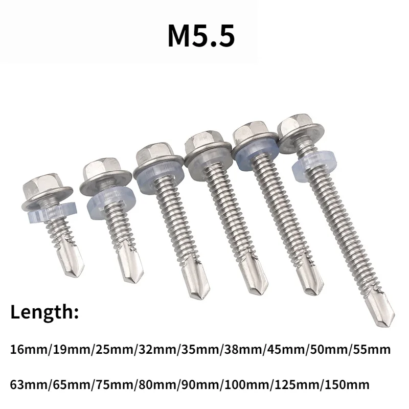 

10pcs M5.5 16mm-150mm 410 Stainless Hex Washer Head Self Drilling Screws Outer Hex Head W/ Pad Collar Sheet Metal Screw
