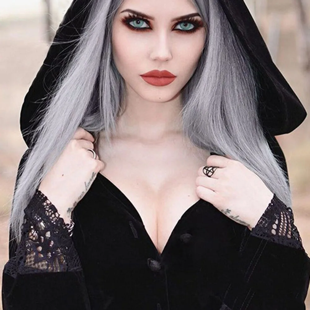 Gothic Dark Retro Hooded Trench Coat Fall Winter Sexy Perspective Lace Stitching Velvet Witch Halloween Vintage Trench Overcoats
