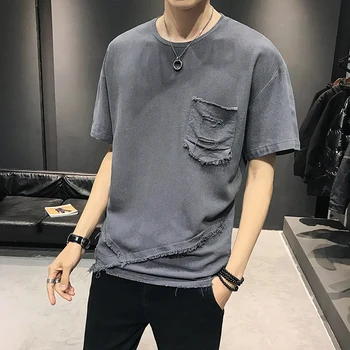 

Men's T-shirt 2020 spring new slim solid color ripped long-sleeved T-shirt loose casual personality youth men's wear