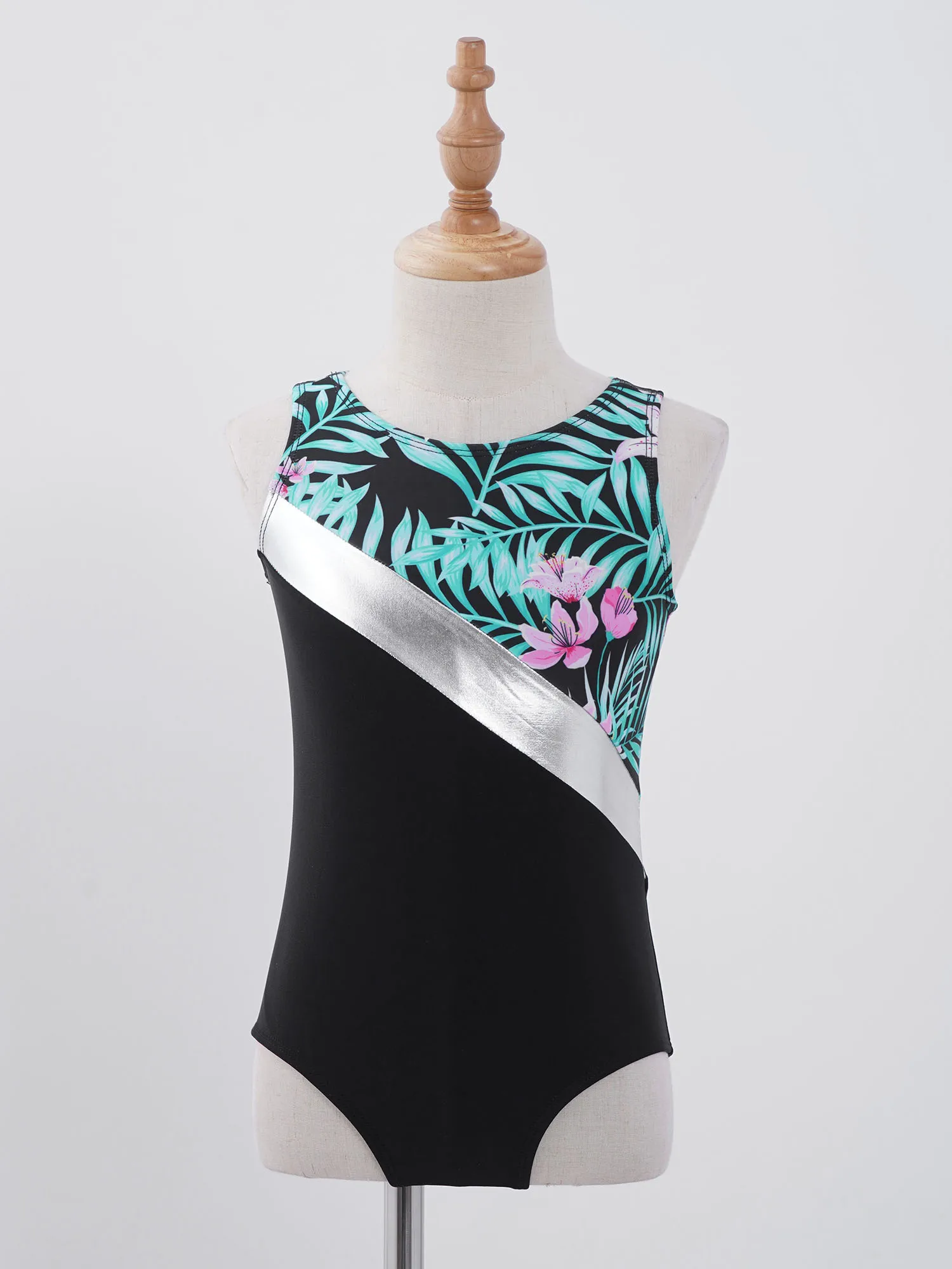 TiaoBug Kids Girls One-Piece Swimming Round Neck Sleeveless Patchwork Design Print Jumpsuit Bodysuit Dance Gymnastics Leotard