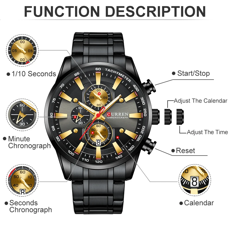 Новинка CURREN часы для мужчин Лидирующий бренд Черное золото кварцевые спортивные наручные часы для мужчин s Хронограф Дата нержавеющая сталь мужские часы