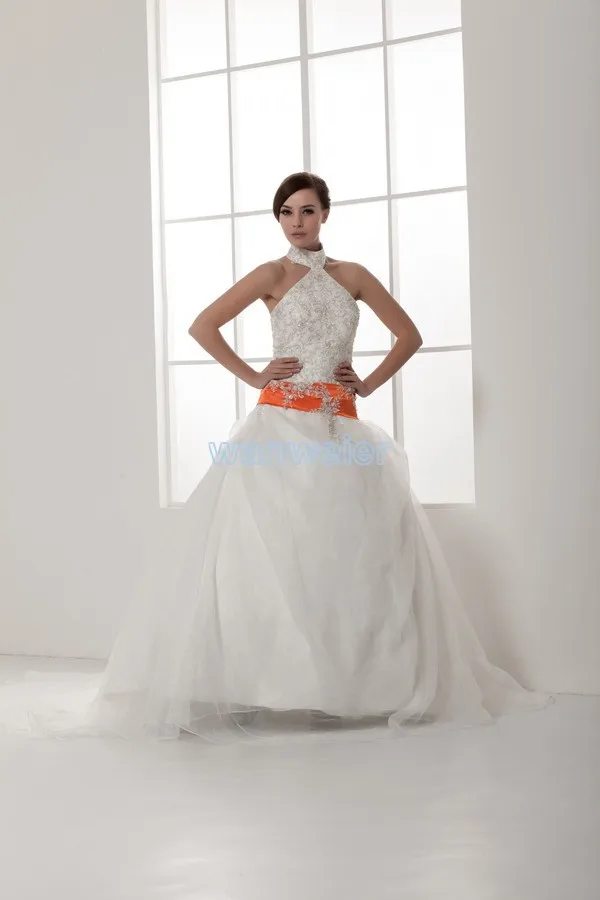 

free shipping 2014 new design appliques hot sale good quality custom size/color halter small train ball gown wedding dress brand