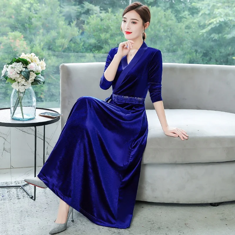 Весна осень Cheongsam современное китайское традиционное платье женское золото бархат Cheongsam Королевский синий TA2122