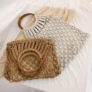 

Vintage Wooden Handle Women Handbags Wicker Woven Hollow Lady Large Totes Casual Summer Beach Straw Bag Travel Big Handbag