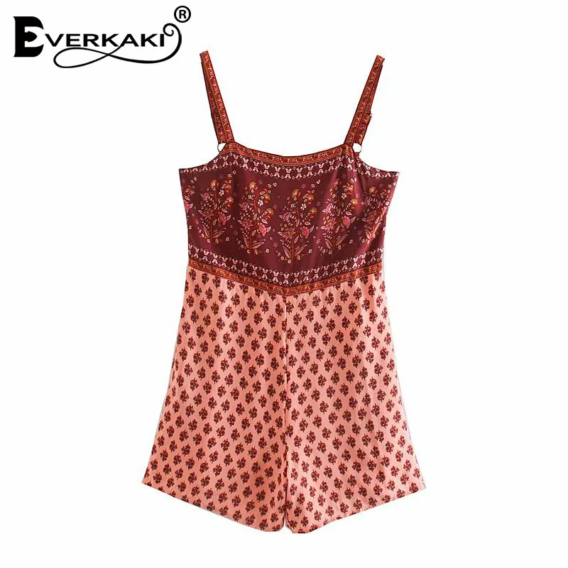 Pink Everkaki комбинезоны Бохо женские комбинезоны с цветочным принтом летние пляжные Этнические женские винтажные Комбинезоны женские Комбинезоны Новинка - Цвет: Pink