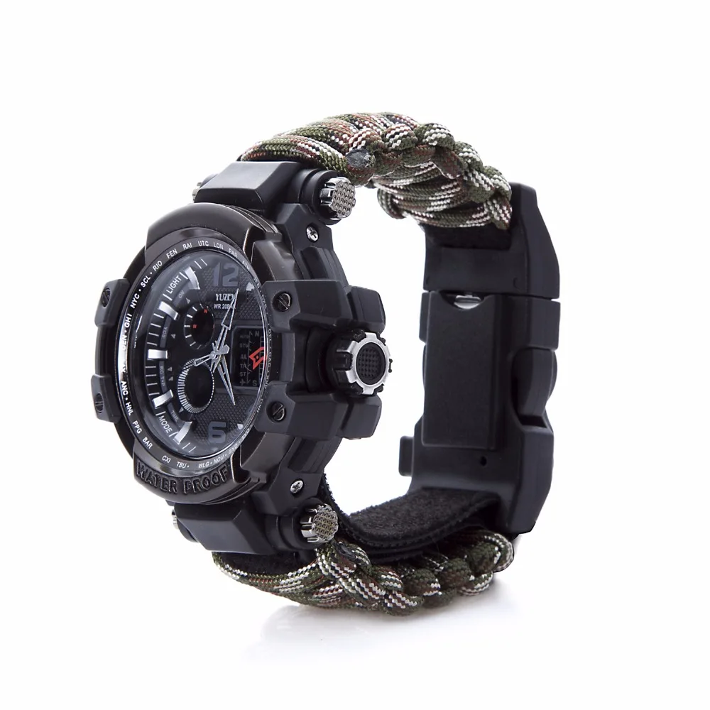 Multi-function Survival watch bracelet Outdoor Tool Paracord Watch Whistle Compass Thermometer Rescue Rope Survival kit Set