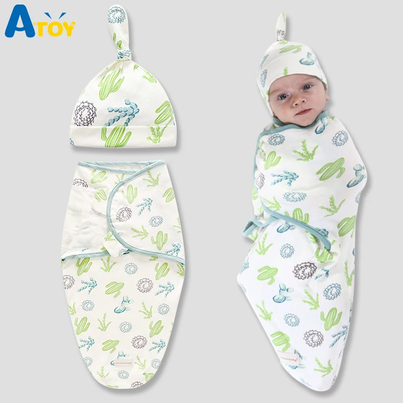 Newborn Swaddle Wrap Hat Cotton Baby Blanket Bedding Cartoon Cute Infant Sleeping Bag For 0-6 Months