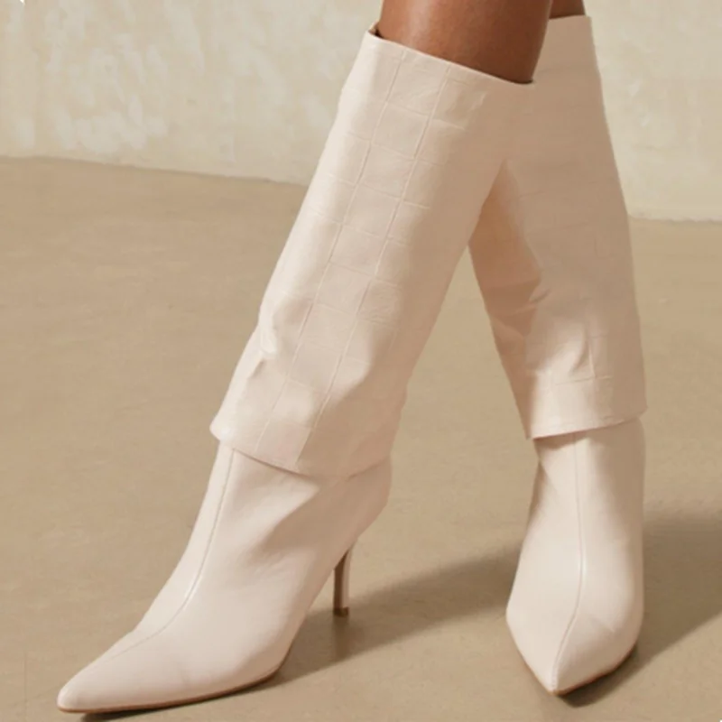 Slip on Overlay Knitted Print Fashion Boots High Heel Pointy Toe Sexy Women's Knee High Winter Boots Size 43