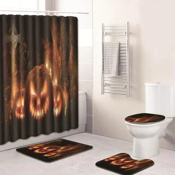 

Halloween 180X 180cm Digital Printing Creative Shower Curtain Mat Four-Piece Suit Bathroom Bathroom Carpet Mat Halloween Festive