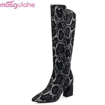 

Masgulahe 2020 New Brand high quality knee high boots thick high heels pointed toe ladies shoes winter fashion women boots